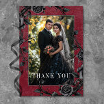 Gothic Black Raven Black Roses Wine Photo Wedding Thank You Card<br><div class="desc">Transport your guests to a world of dark, enchanting elegance with our vintage gothic wedding photo thank you card. The deep, aged burgundy wine background sets the stage for a striking contrast for the white text. Your photo takes centre stage, surrounded by intertwining vines of black roses, which captures the...</div>