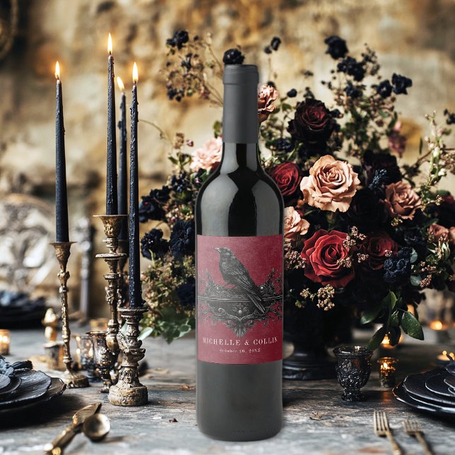 Gothic Black Raven & Black Roses Wine Wedding Label (Creator Uploaded)