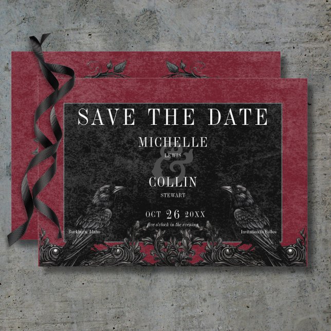 Gothic Black Raven & Black Roses Wine Wedding Save The Date (Gothic Black Raven & Black Roses Wine Wedding Save The Date Card)