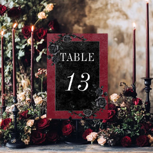 Gothic Black Raven & Black Roses Wine Wedding Table Number