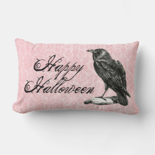 Gothic Black Raven Pink Damask Lumbar Pillow