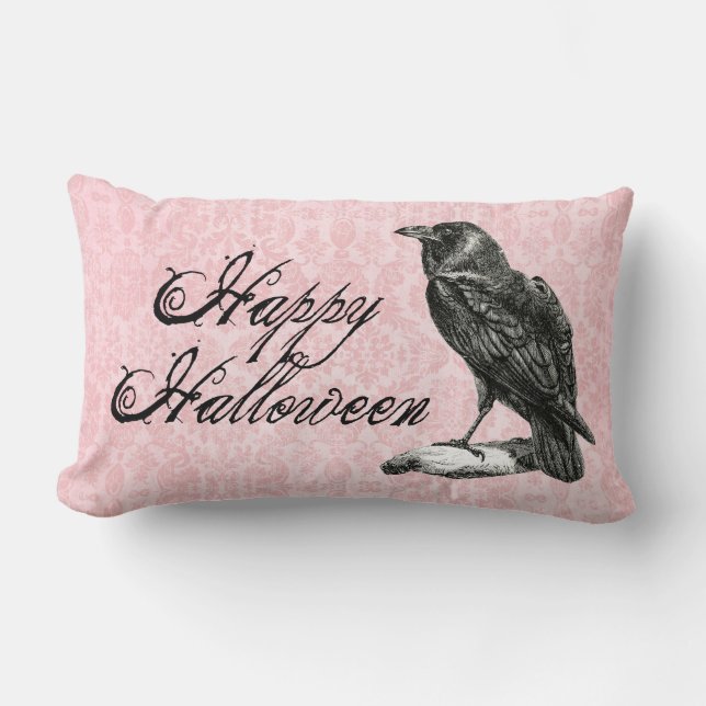 Gothic Black Raven | Pink Damask Lumbar Pillow (Front)