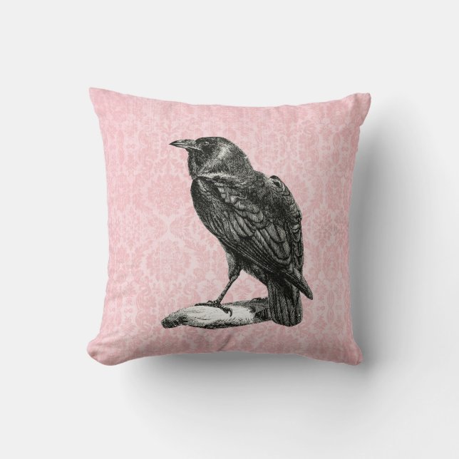 Gothic Black Raven | Pink Damask Throw Pillow (Front)