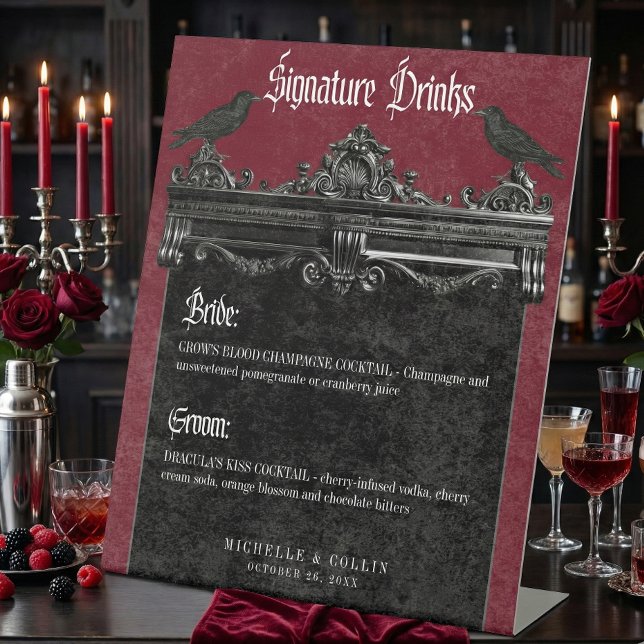 Gothic Black Raven & Roses Burgundy Wedding Drinks Pedestal Sign (Creator Uploaded)