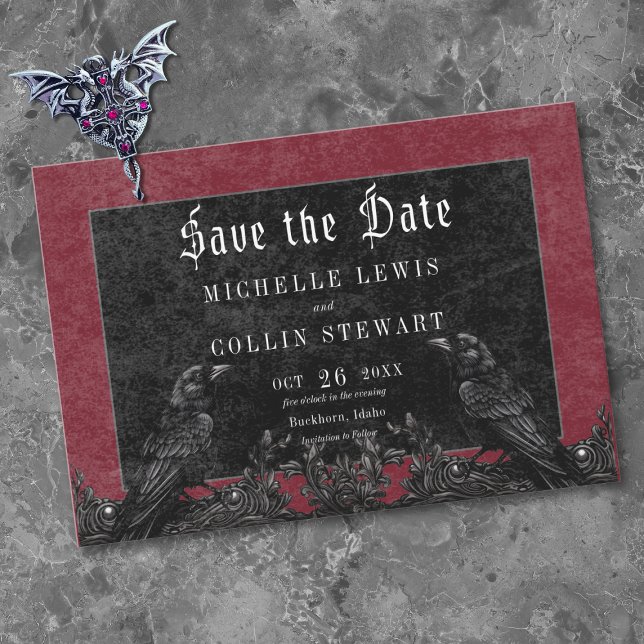 Gothic Black Raven & Roses Burgundy Wedding Save The Date (Gothic Black Raven & Roses Burgundy Wedding Save The Date)
