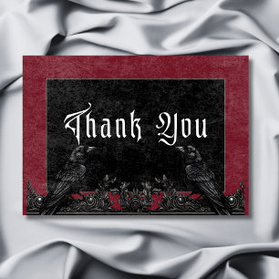 Gothic Black Raven & Roses Burgundy Wedding Thank You Card