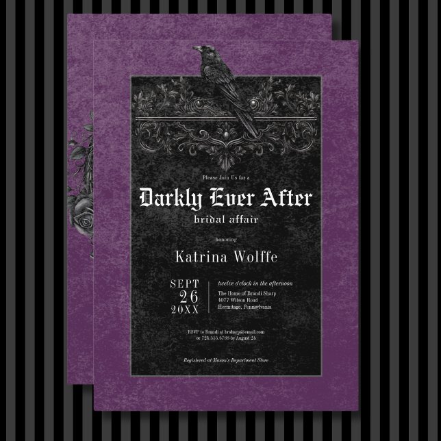 Gothic Black Raven & Roses Purple Bridal Shower Invitation (Gothic Black Raven & Roses Purple Bridal Shower Invitation)