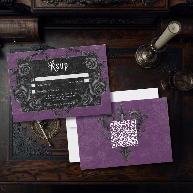 Gothic Black Raven & Roses Purple QR Code RSVP Card (Creator Uploaded)