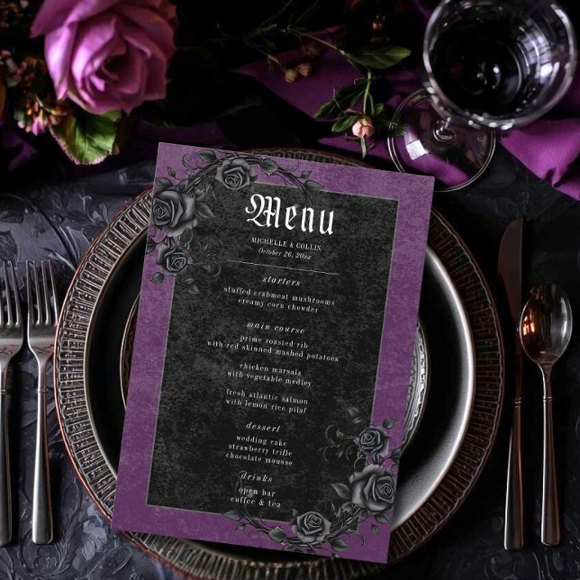 Gothic Black Raven & Roses Purple Wedding Menu (Creator Uploaded)
