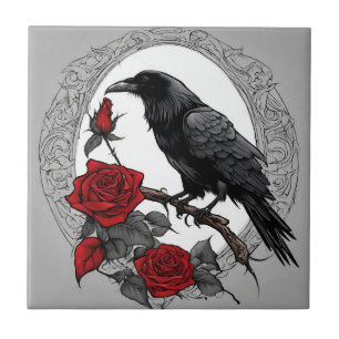 Gothic Black Raven with Red Roses Tile