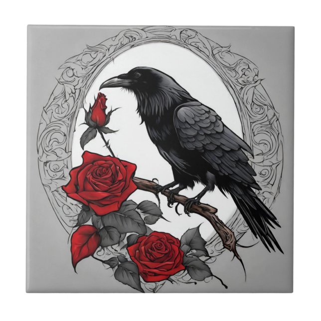 Gothic Black Raven with Red Roses  Tile (Front)