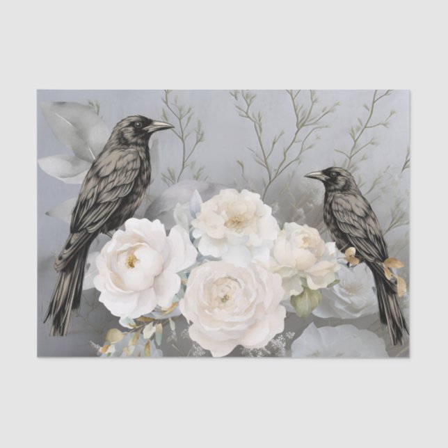 Gothic Black Ravens & White Flowers  Tissue Paper (Front)