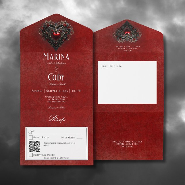 Gothic Black & Red Filigree Heart Red QR Code All In One Invitation (Gothic Black & Red Filigree Heart Red All In One Wedding Invitation with QR Code)