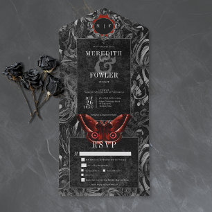 Gothic Black Red Filigree Moth Dinner Wedding All In One Invitation