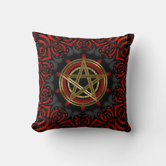 Gothic Black Red Gold Pentagram Symbol Throw Pillow (Front)