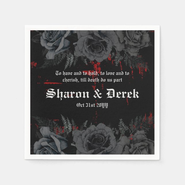 Gothic Black Red Grunge Textured | Black Roses Napkin (Front)