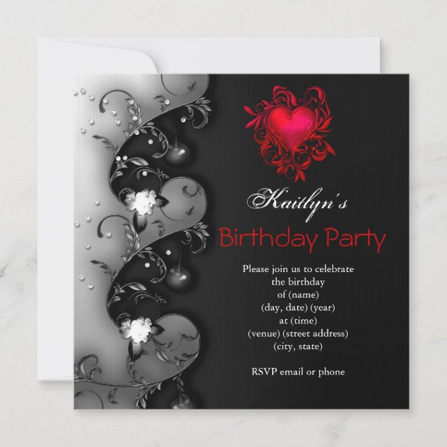 Gothic Black Red Heart Birthday Party Invitation (Front)