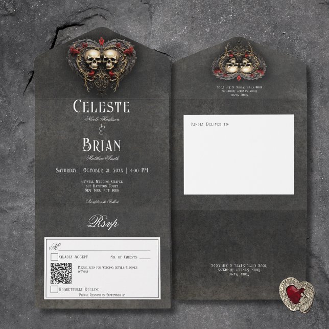 Gothic Black & Red Skulls & Heart Black QR Code All In One Invitation (Gothic Black & Red Skulls & Heart Black All In One Wedding Invitation with QR Code)