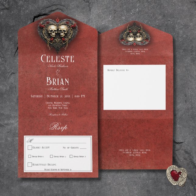 Gothic Black & Red Skulls & Heart Red Dinner All In One Invitation (Gothic Black & Red Skulls & Heart Red All In One Wedding Invitation with Dinner Options)