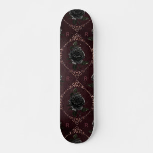 Gothic Black Rose Floral Monogram Initial Elegant Skateboard