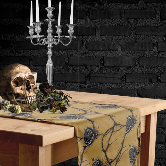 Gothic Black Rose Speedpaint Pattern Short Table Runner (Create an awesome Goth Halloween tablescape with this black rose runner!)
