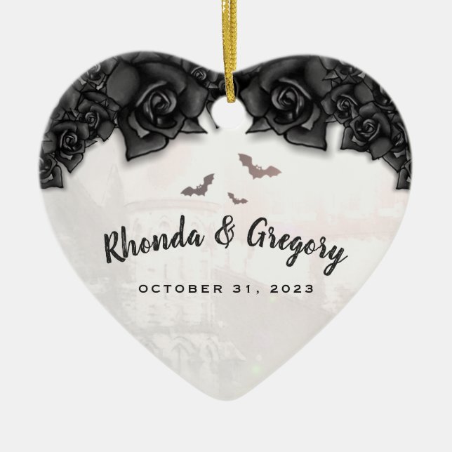 Gothic Black Roses & Bats Halloween Wedding Heart Ceramic Ornament (Front)