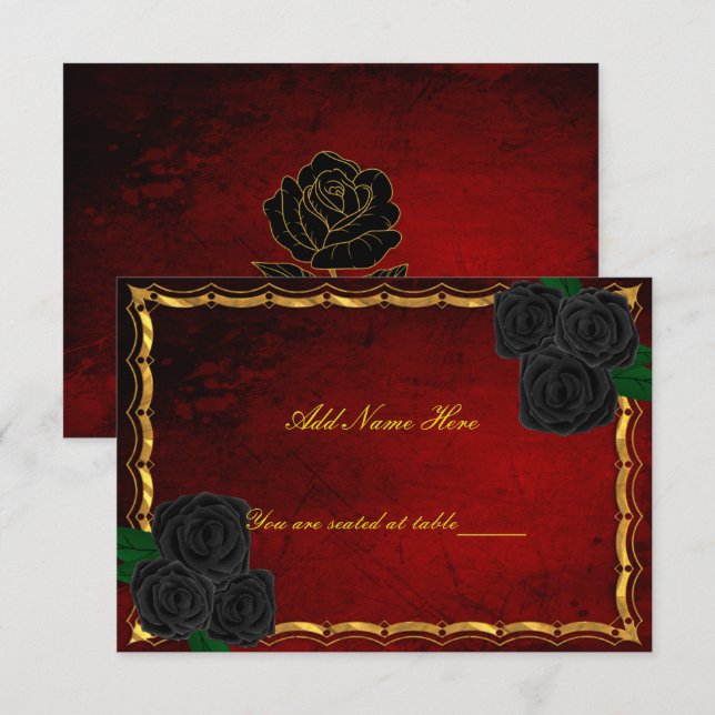 Gothic Black Roses Blood Red Wedding Place Card (Front/Back)