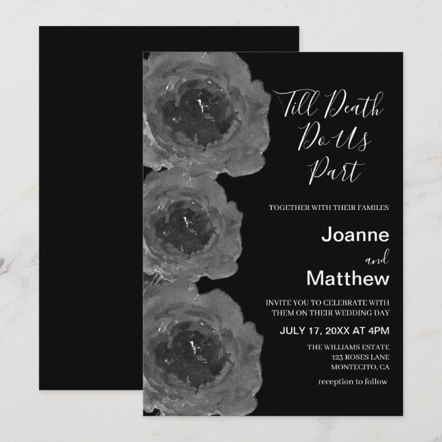 Gothic Black Roses Floral Watercolor Wedding Invitation (Front/Back)