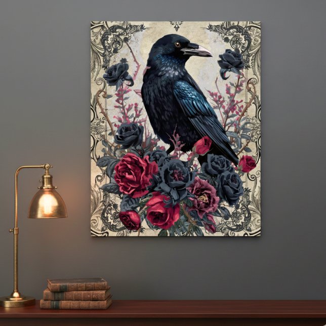 Gothic Black Roses Raven Art Poster (Dark Academia raven poster)