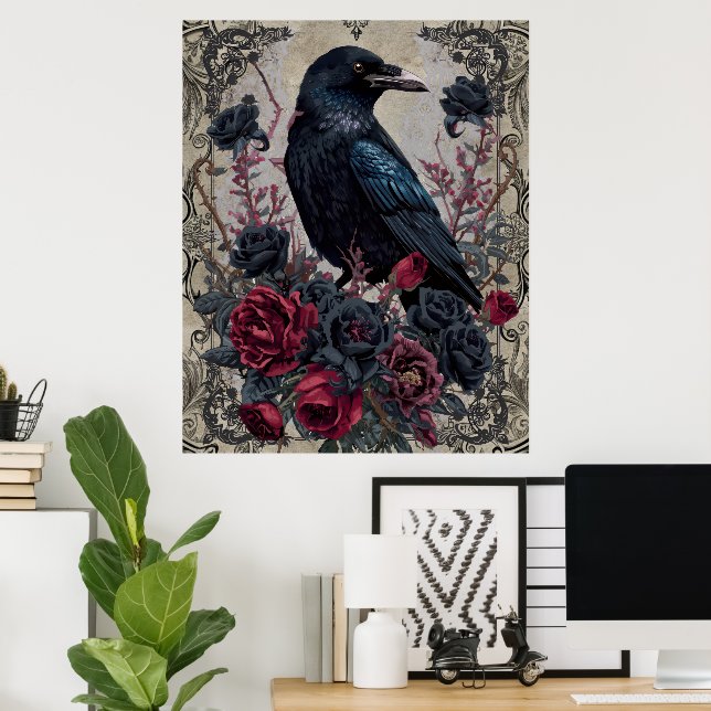 Gothic Black Roses Raven Art Poster (Home Office)