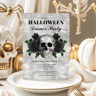 Gothic Black Roses & Skull Halloween Dinner Party Invitation