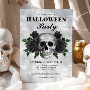 Gothic Black Roses & Skull Halloween Party Invitation