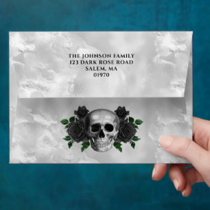 Gothic Black Roses Skull Halloween Return Address Envelope