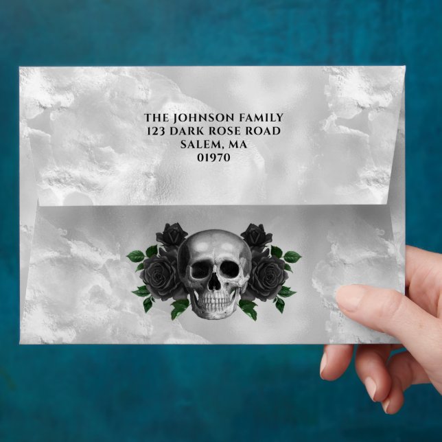 Gothic Black Roses Skull Halloween Return Address Envelope (Hand)
