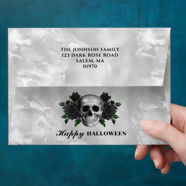 Gothic Black Roses Skull Halloween Return Address Envelope (Hand)