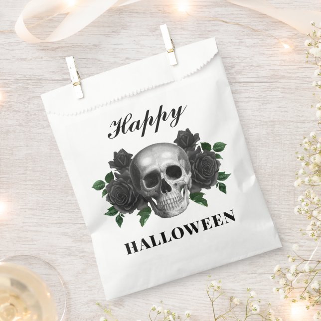 Gothic Black Roses & Skull Happy Halloween Favour Bag (Clipped)