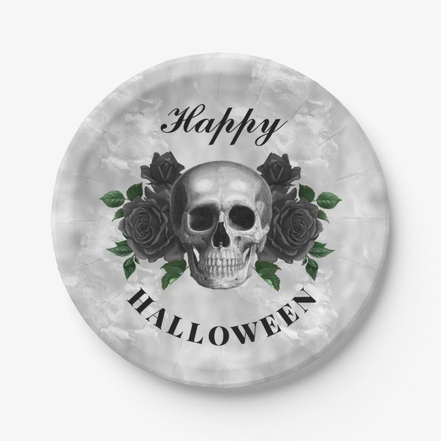 Gothic Black Roses & Skull Happy Halloween Paper Plate (Front)