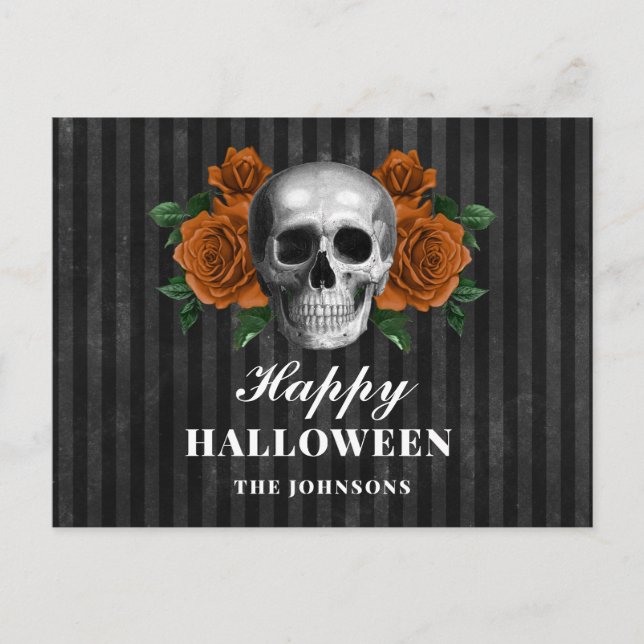 Gothic Black Roses & Skull Happy Halloween Postcard (Front)