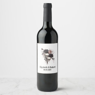 Gothic Black Roses Skulls Wedding Wine Label