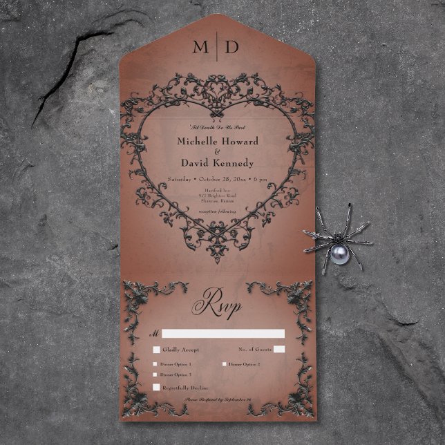 Gothic Black & Rust Filigree Heart Dinner All In One Invitation (Gothic Black & Rust Filigree Heart Dinner All In One Invitation)