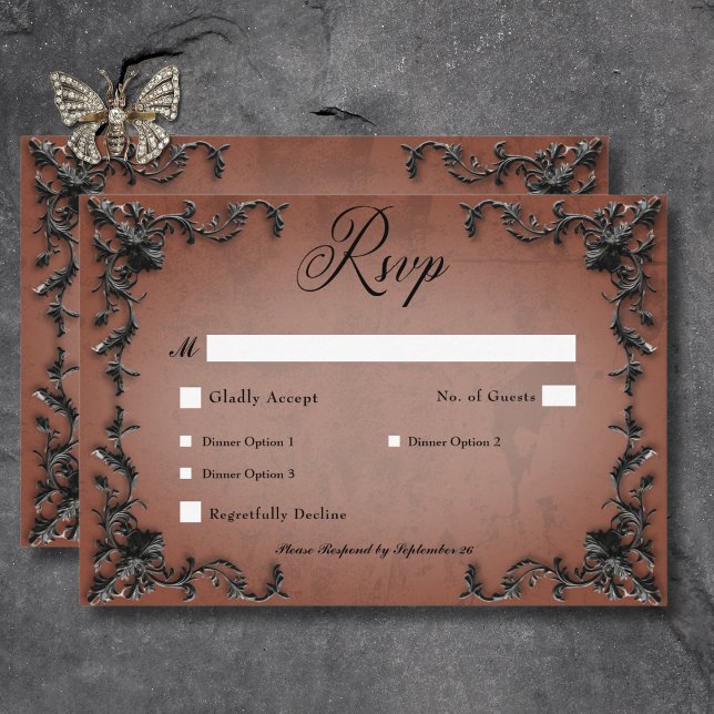 Gothic Black & Rust Filigree Heart Dinner RSVP Card (Gothic Black & Rust Filigree Heart Dinner RSVP Card)