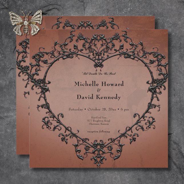 Gothic Black & Rust Filigree Heart Wedding Invitation (Gothic Black & Rust Filigree Heart Wedding Invitation)