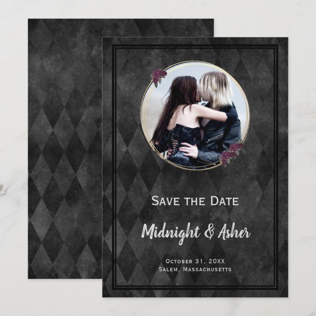 Gothic Black Save the Date Roses Gold Circle  (Front/Back)