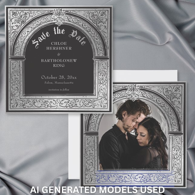Gothic Black Silver Medieval Photo Wedding Save The Date (Creator Uploaded)