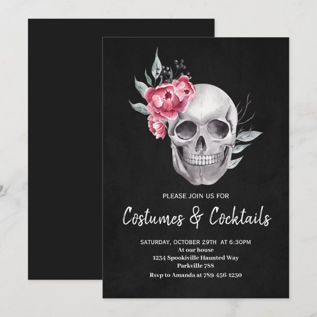 Gothic Black Skull Adult Halloween Party Invitation (Front/Back)