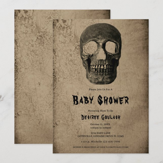 Gothic Black Skull Antique Baby Shower Invitation (Front/Back)