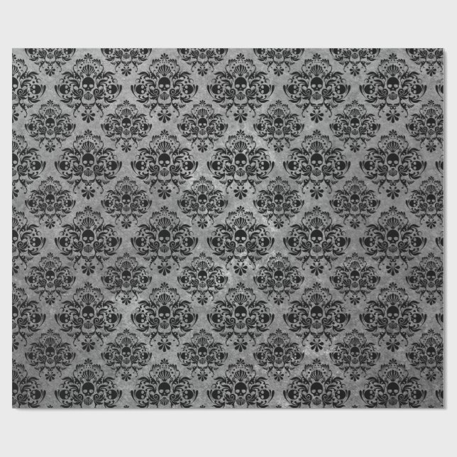 Gothic Black Skull Grunge Damask Pattern Wrapping Paper (Flat)