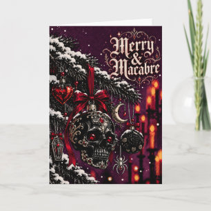 Gothic Black Skull Ornament on Snowy Pine Branch Holiday Card
