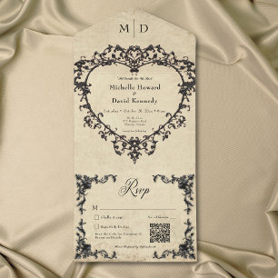 Gothic Black Tan Parchment Filigree Heart Wedding All In One Invitation