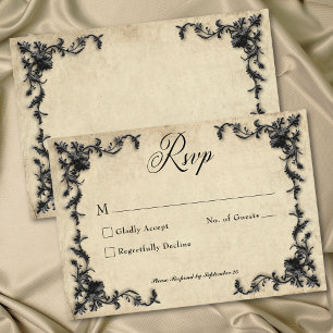 Gothic Black Tan Parchment Filigree Heart Wedding RSVP Card